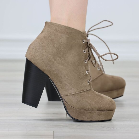Womens Ankle Boots Lace Up Block Heel Booties Taupe Brown Suede - Picture 3 of 11